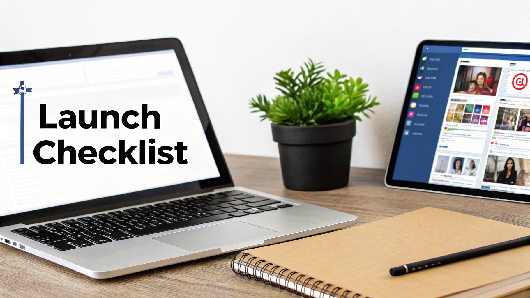 Digital workspace with a laptop showing a launch checklist and a tablet displaying social media.