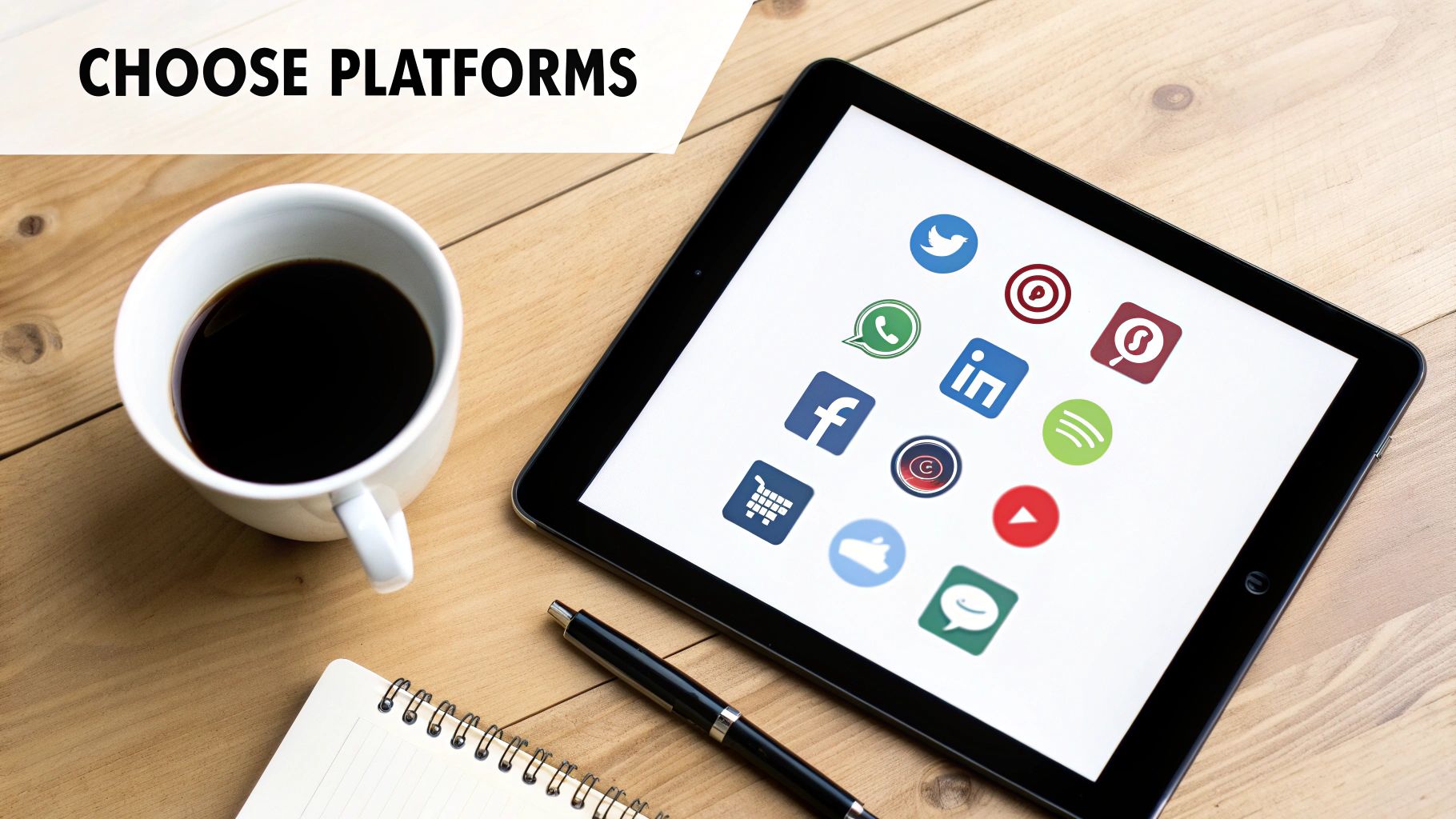 Tablet displaying social media app icons on a wooden desk with coffee, notebook and pen. Text: CHOOSE PLATFORMS.