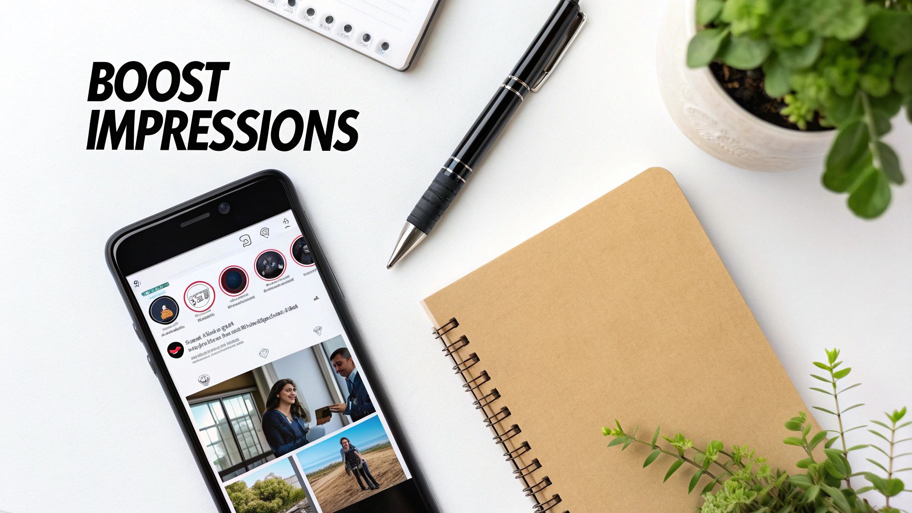 Flat lay of a white desk with a smartphone showing social media content and text "BOOST IMPRESSIONS".