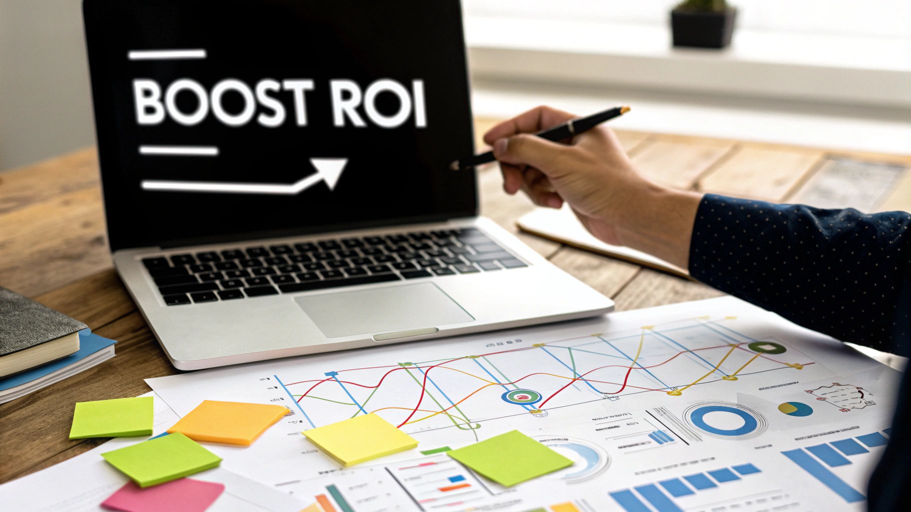 A person points at a laptop screen displaying 'BOOST ROI' with an upward arrow, surrounded by charts.