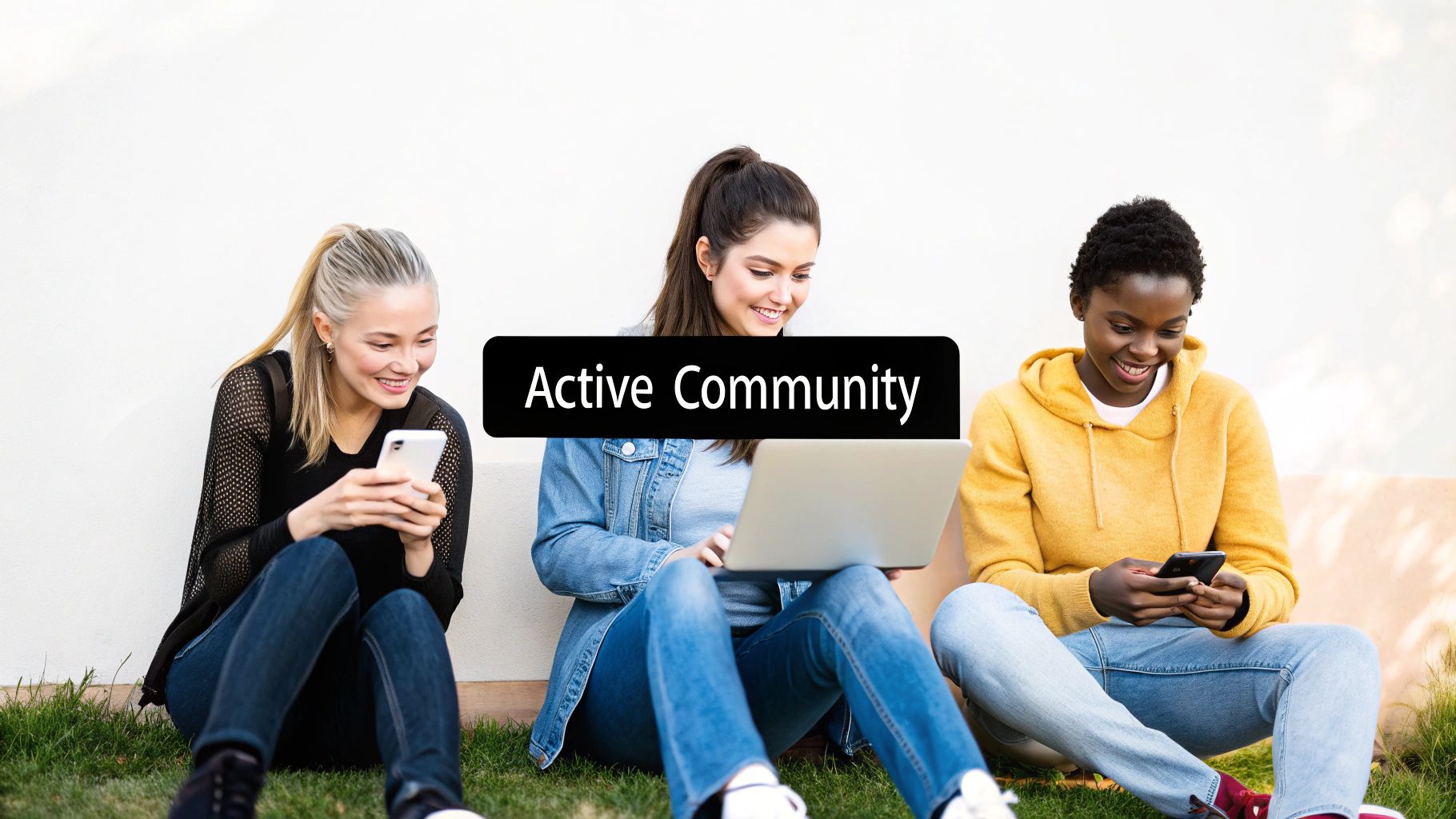 Three diverse young women happily interacting with phones and a laptop, sitting on grass, representing an active community.