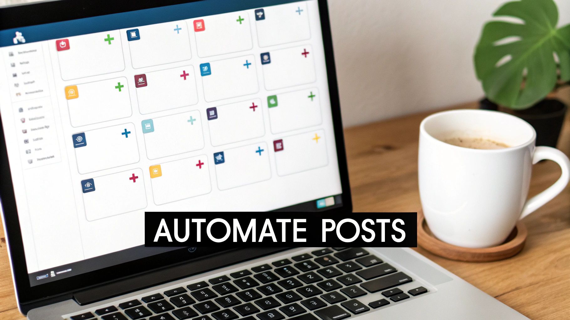 A laptop displaying a social media scheduling tool with various colored icons and empty post slots, with a coffee cup and plant in the background.