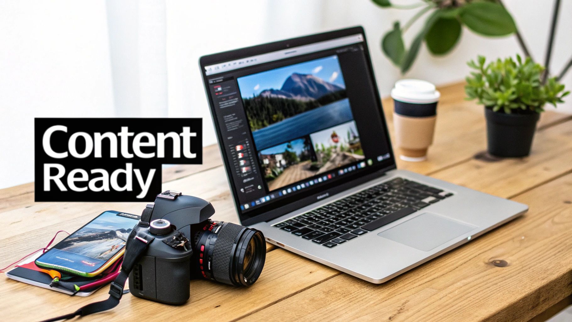 A creative workspace with a laptop displaying edited photos, a camera, and a smartphone, all on a wooden desk.