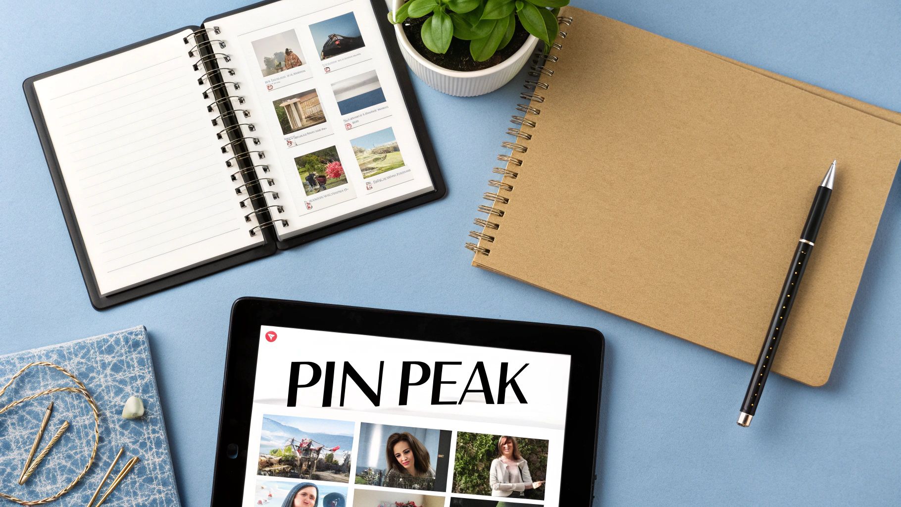 A flat lay of a blue office desk featuring a tablet displaying 'PIN PEAK', notebooks, and a plant.
