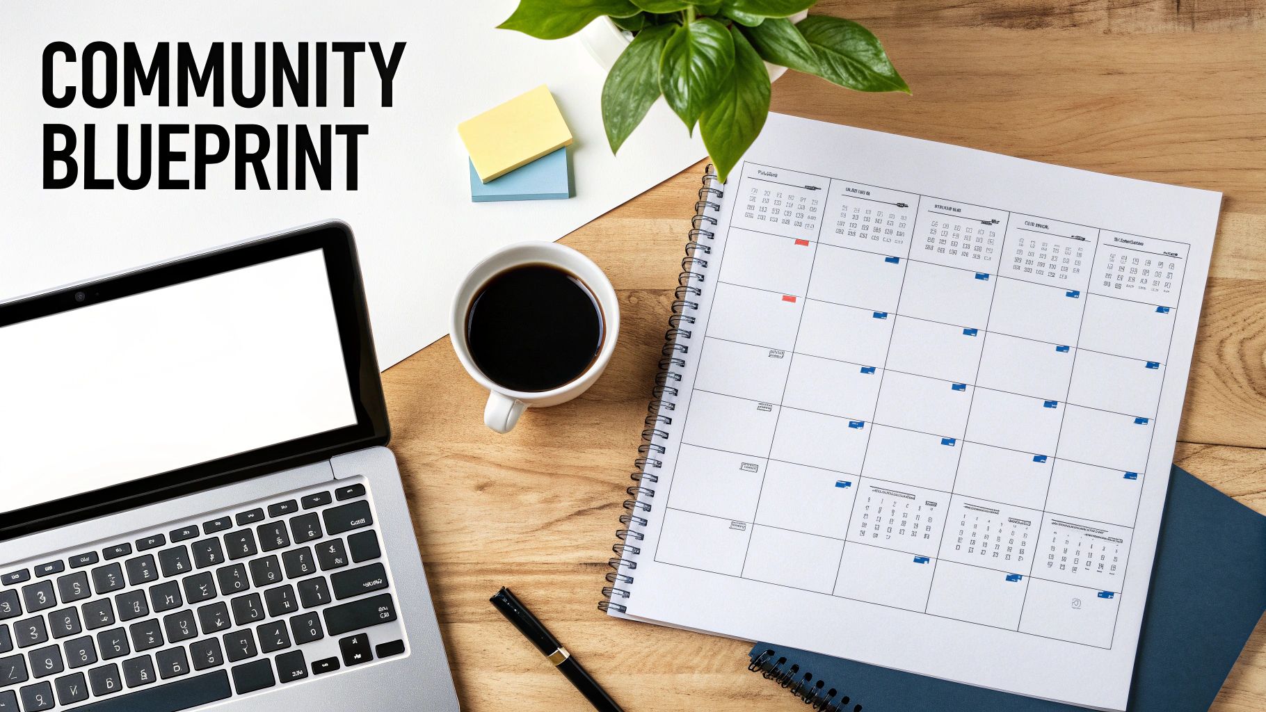 Overhead view of a desk with a laptop, coffee, calendar, and text 'COMMUNITY BLUEPRINT'.