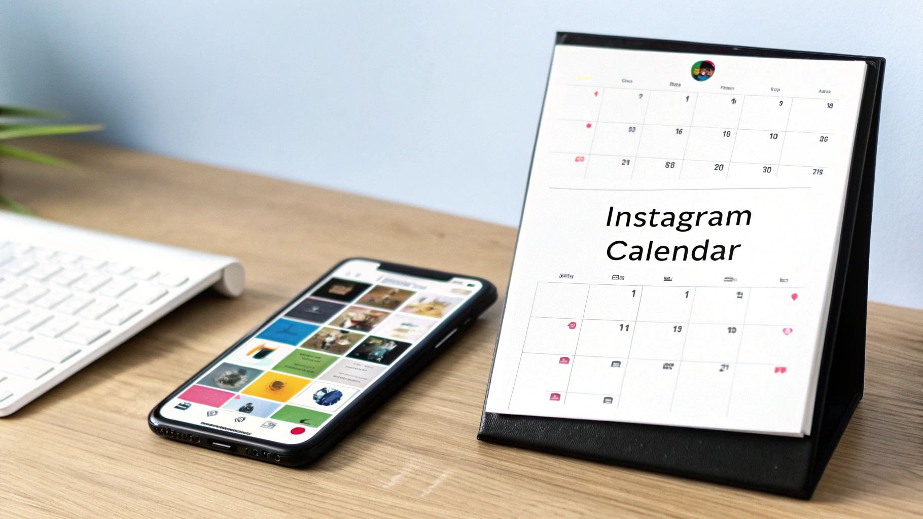 A smartphone displaying an Instagram feed next to a desk calendar titled 'Instagram Calendar' on a wooden desk.