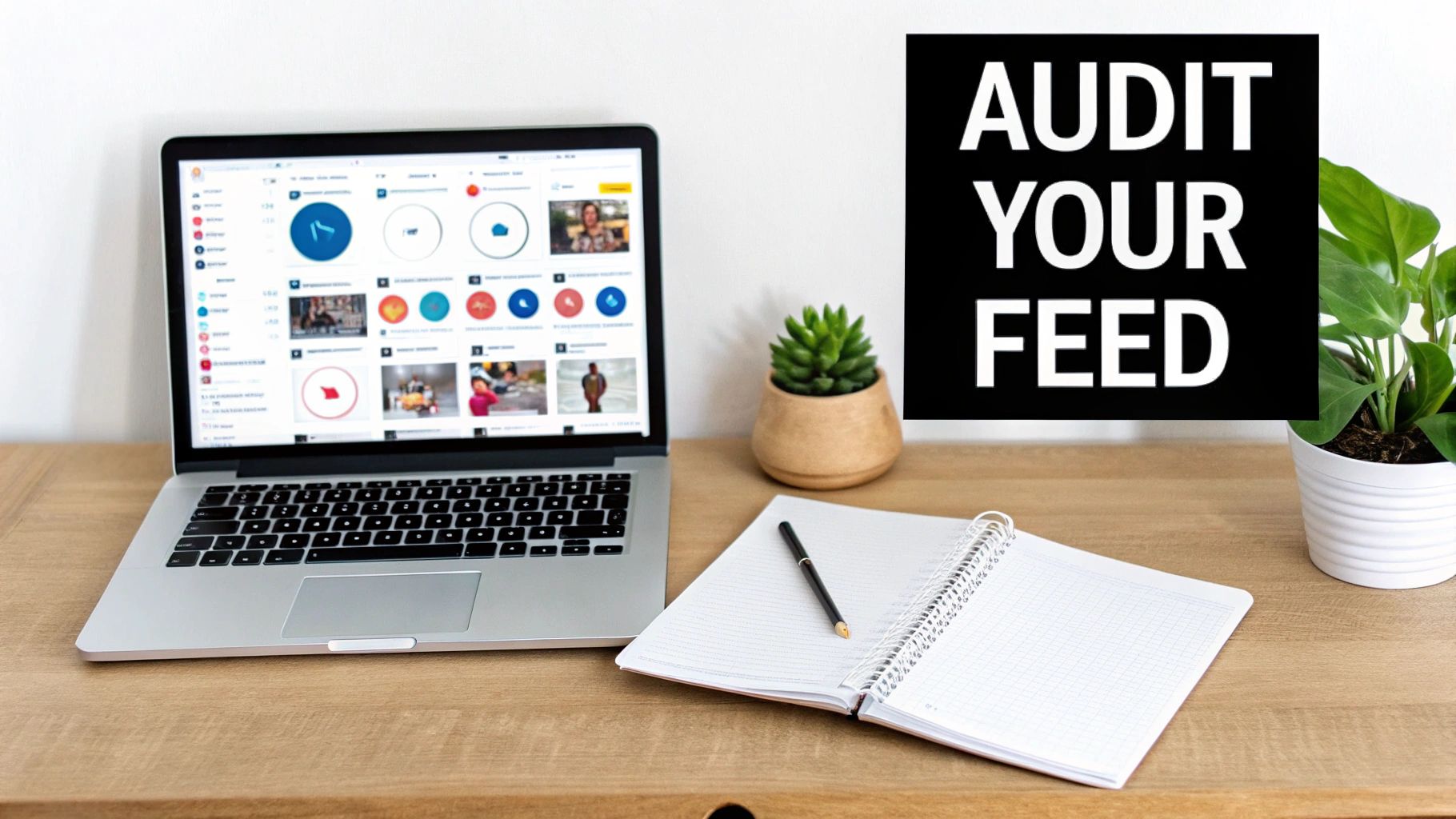 A desk with a laptop showing social media analytics, a notebook, plants, and text 'AUDIT YOUR FEED'.