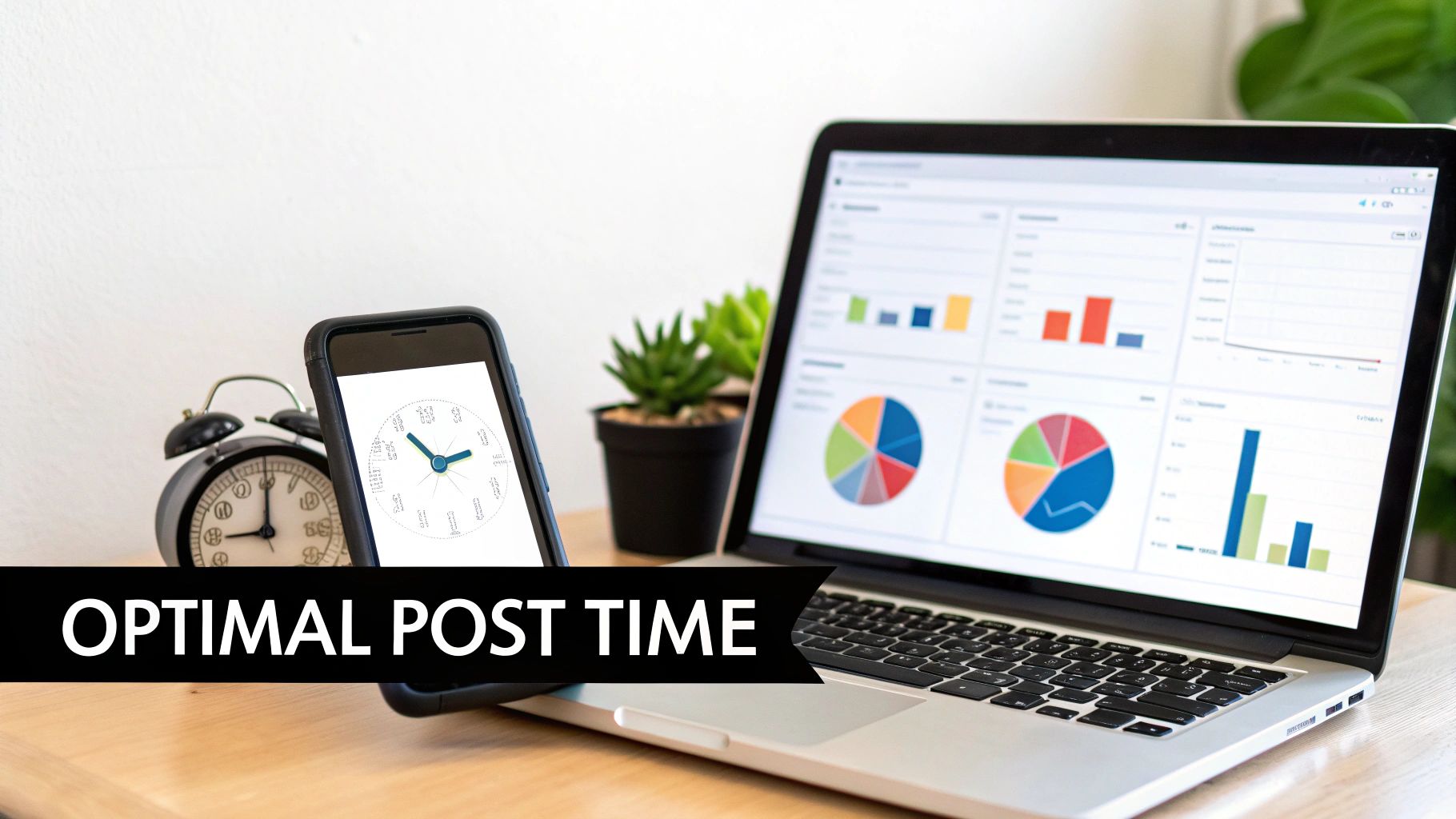A desk with a laptop showing analytics, a smartphone displaying a time chart, and an alarm clock, highlighting 'Optimal Post Time'.