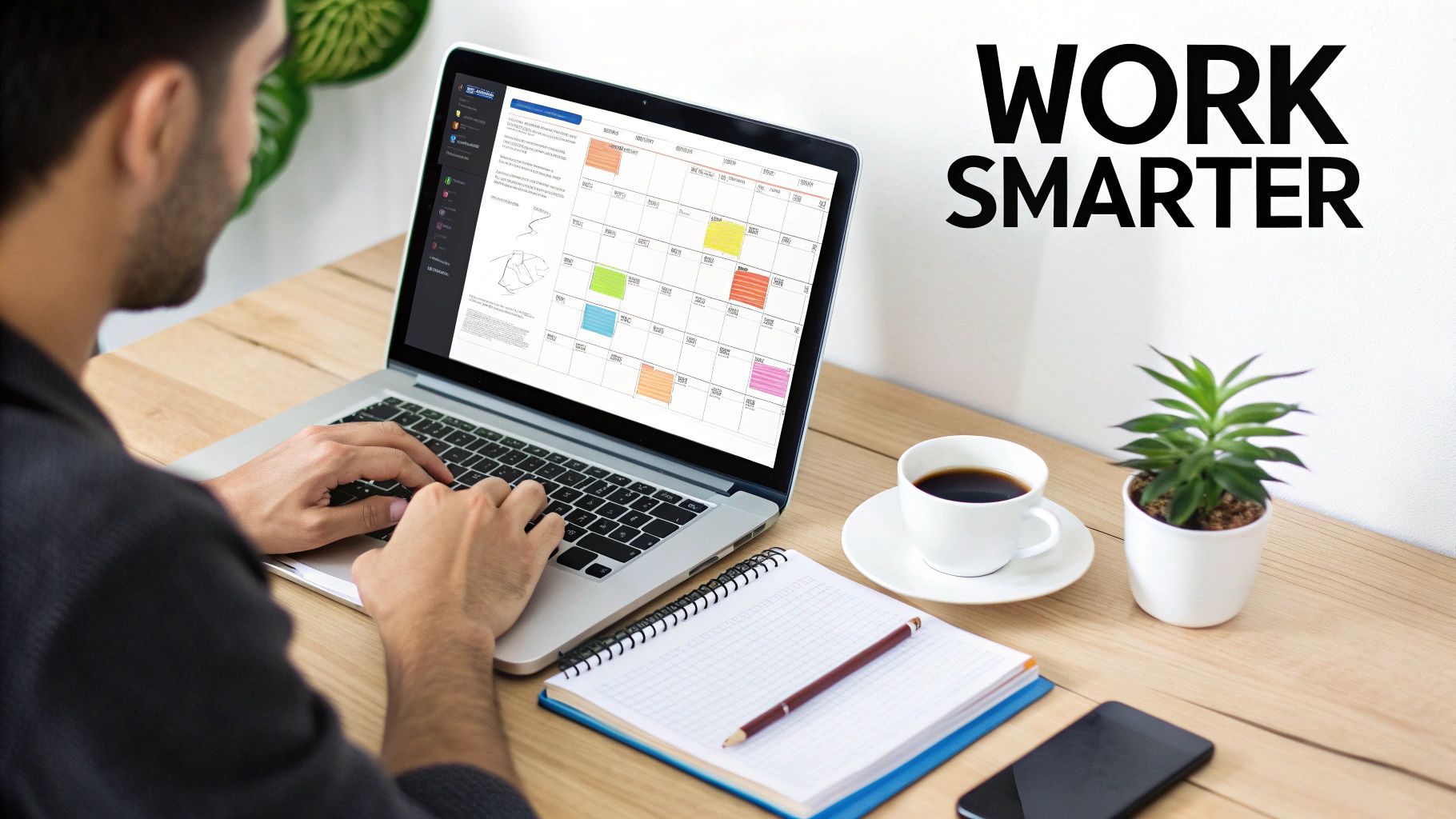A person works on a laptop displaying a calendar, with coffee and supplies on a wooden desk, emphasizing 'Work Smarter'.