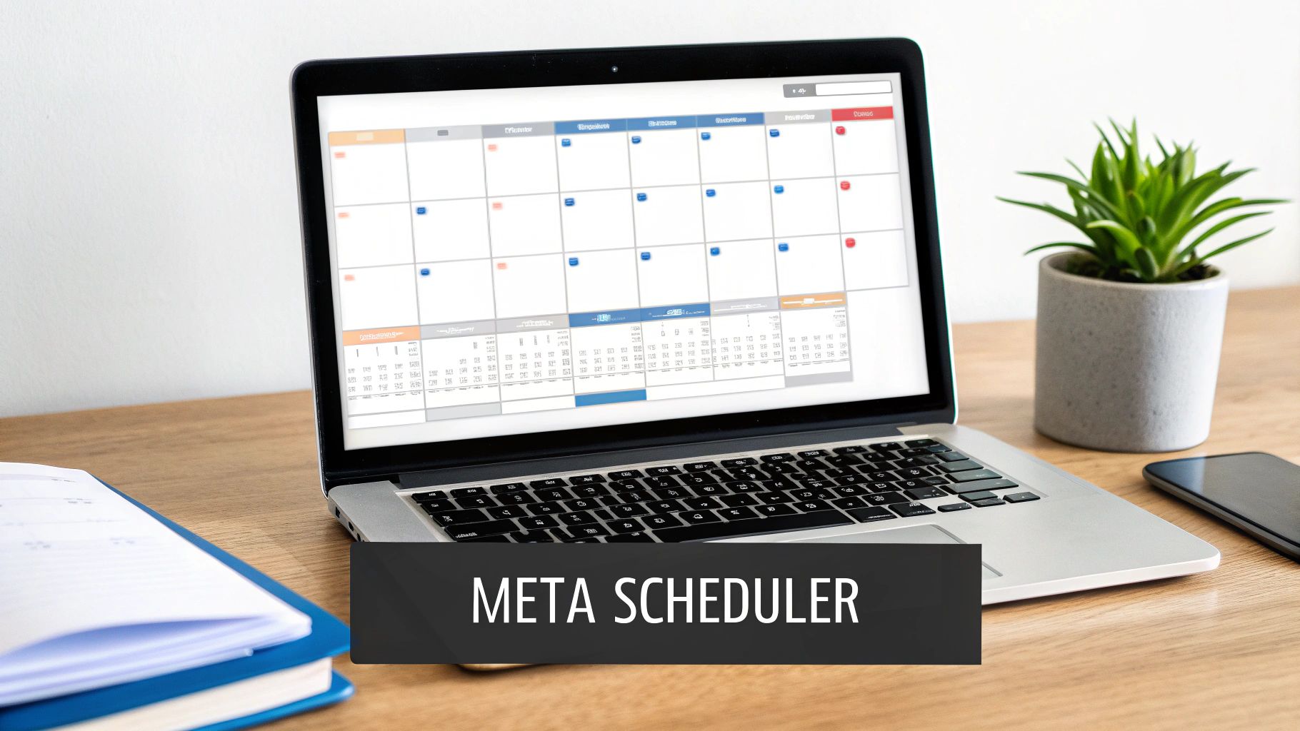 A laptop displaying a calendar scheduler application on a wooden desk with a plant and notebooks.