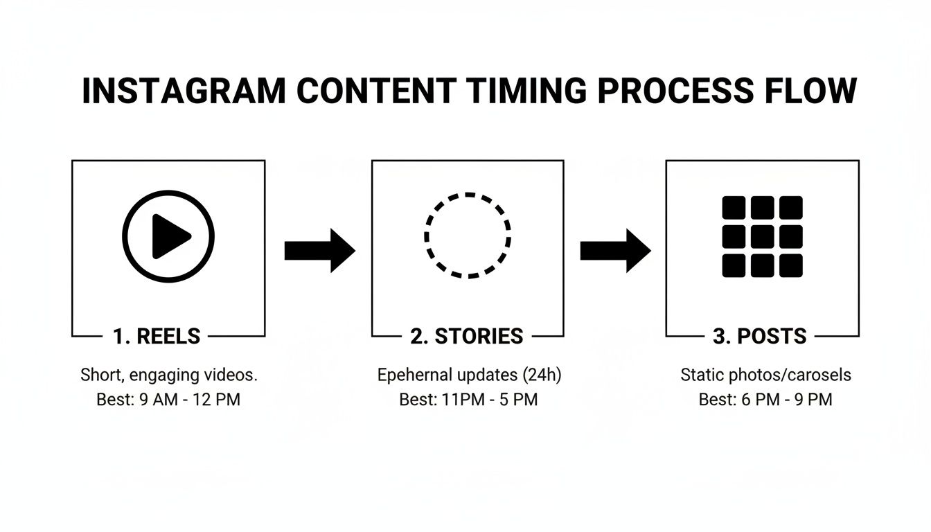 Flowchart detailing Instagram content timing process for Reels, Stories, and Posts with recommended best hours.