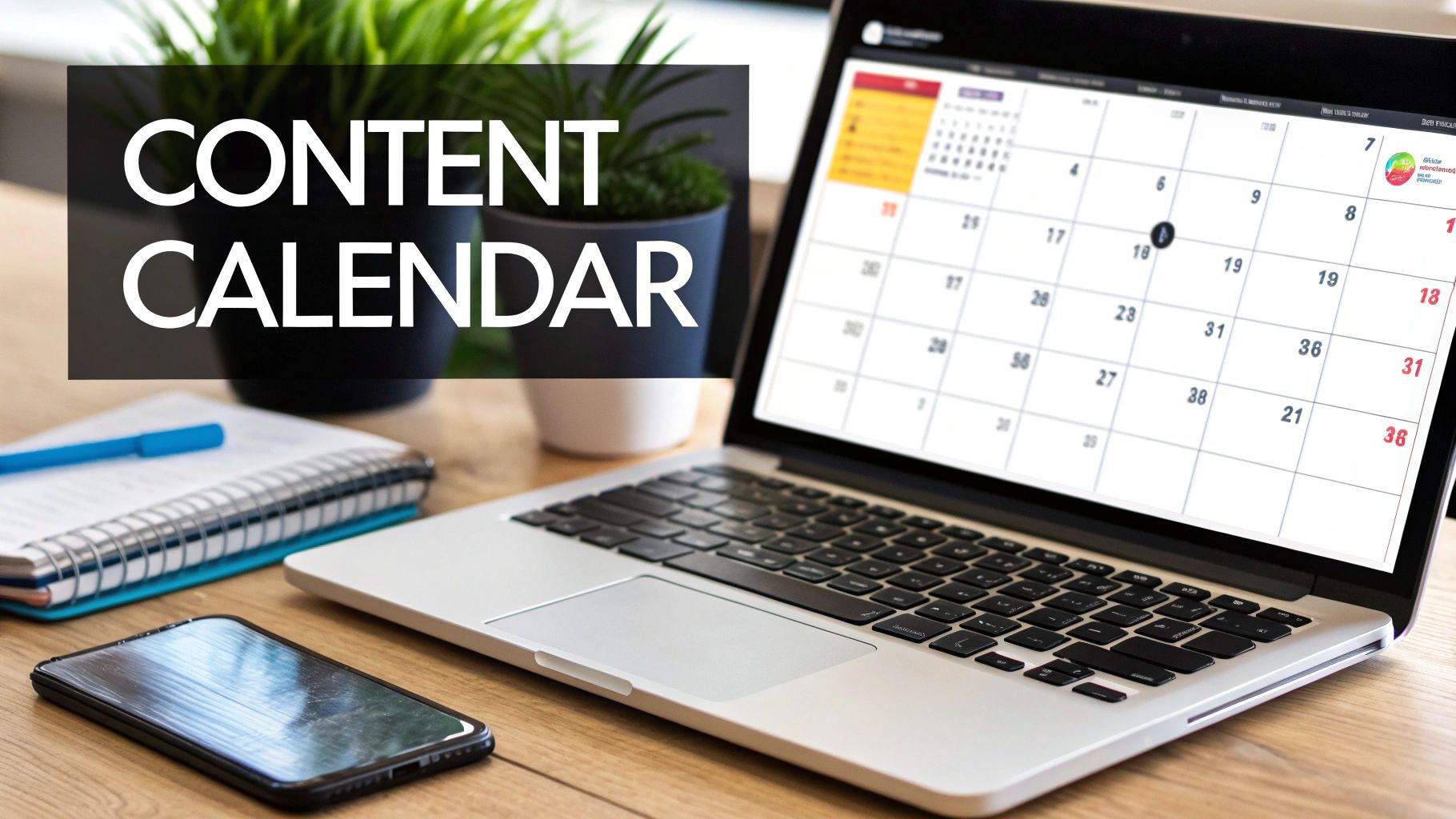 A laptop screen displaying a content calendar, alongside a notebook, pen, and smartphone on a wooden desk.