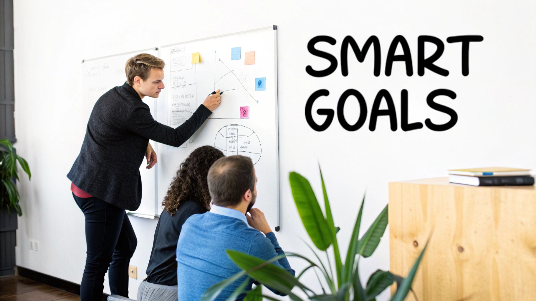 A person brainstorming content ideas on a whiteboard, surrounded by sticky notes representing different social media content pillars.