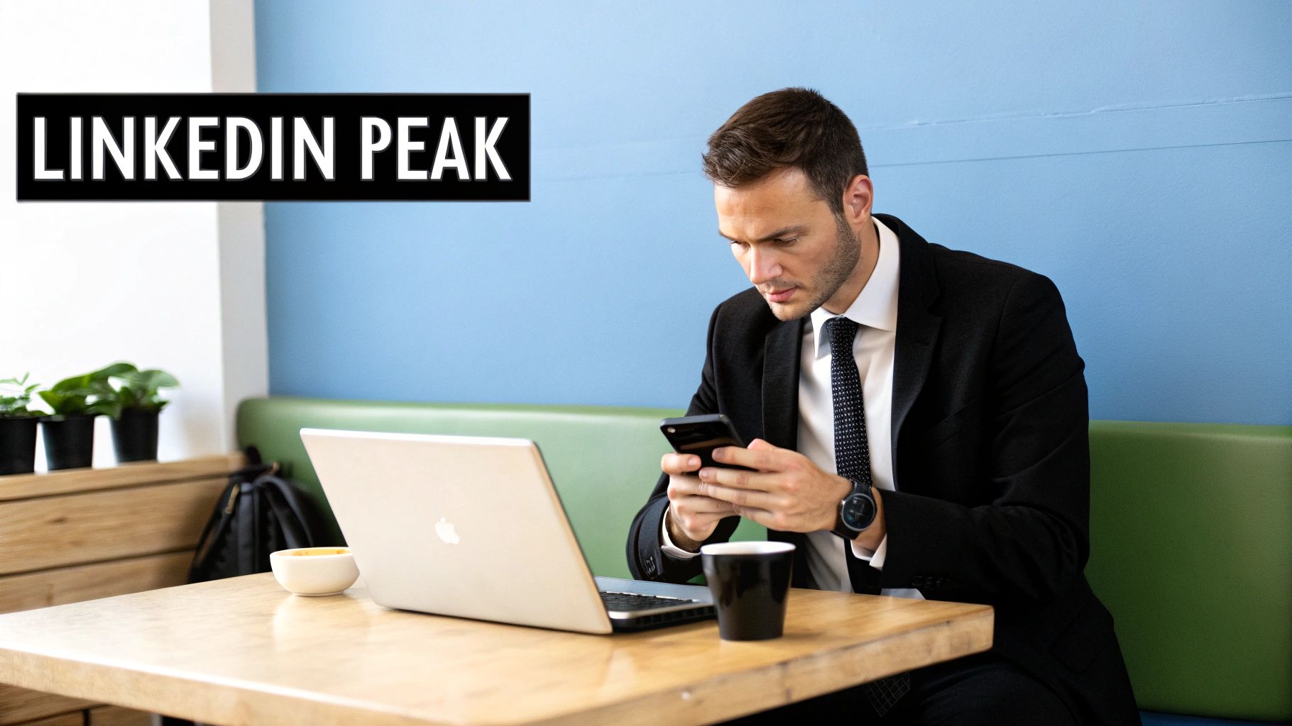 A professional man in a suit checking his smartphone with a laptop and coffee at a cafe table.