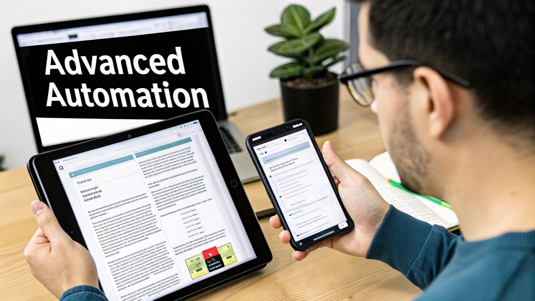 A person uses a smartphone and tablet, with a laptop displaying 'Advanced Automation' in the background.