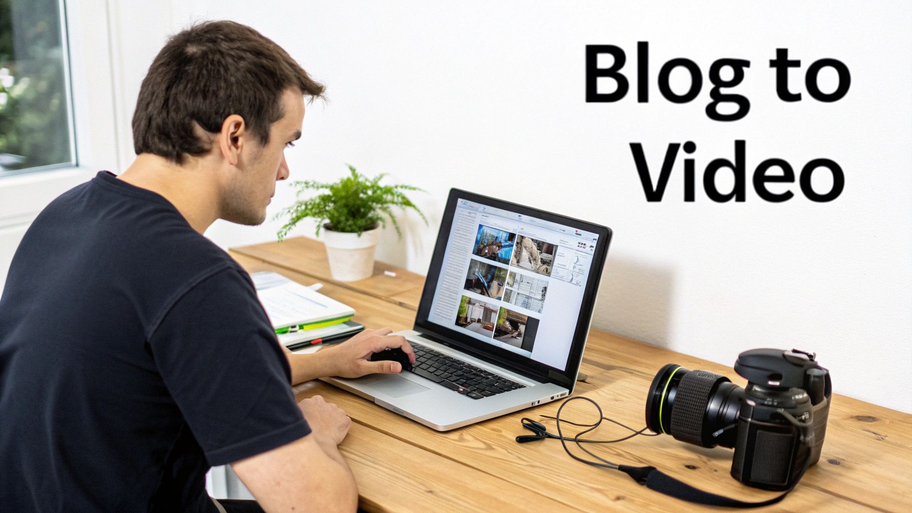 A man at a wooden desk uses a laptop, converting blog content to video, with a camera nearby.