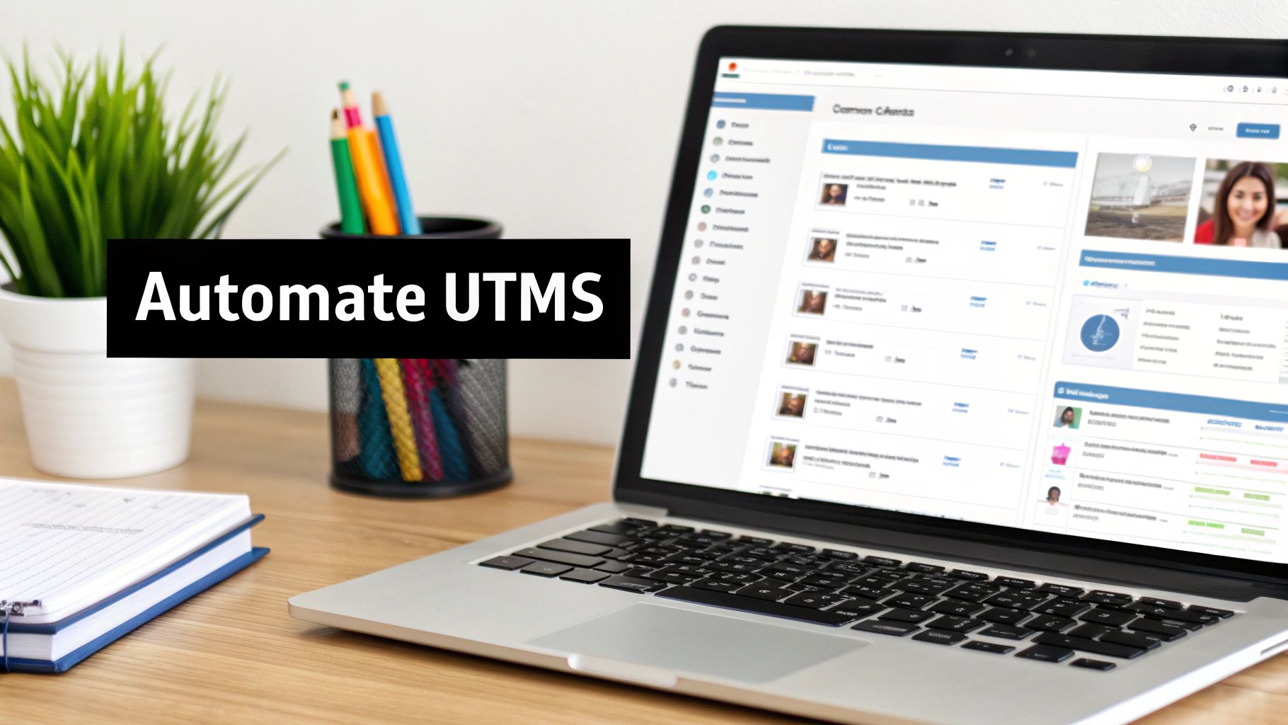 Laptop displaying UTM tracking software interface on wooden desk with notebook and plant