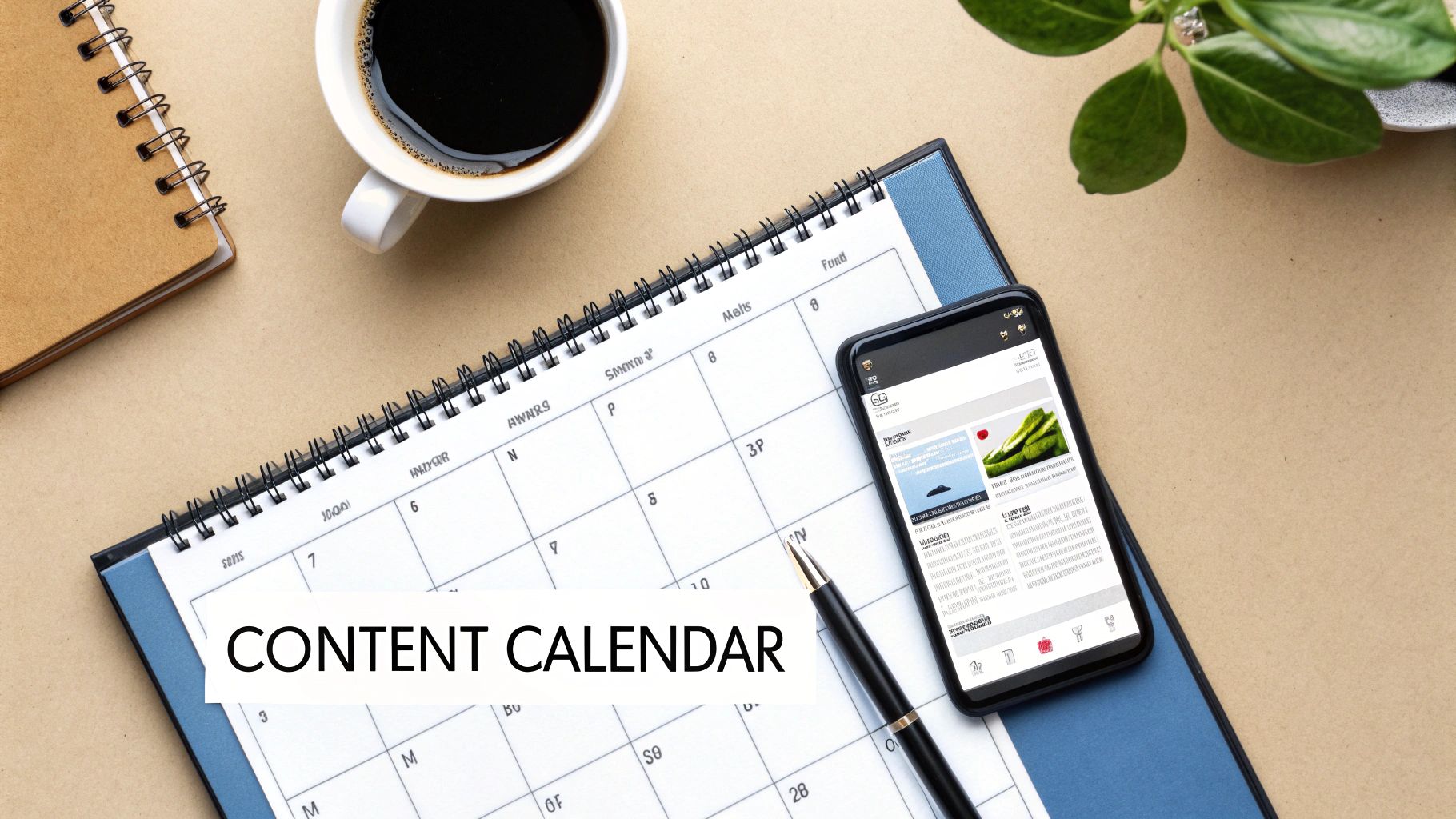 Flat lay of a content calendar, coffee cup, smartphone, and notebook on a beige desk.