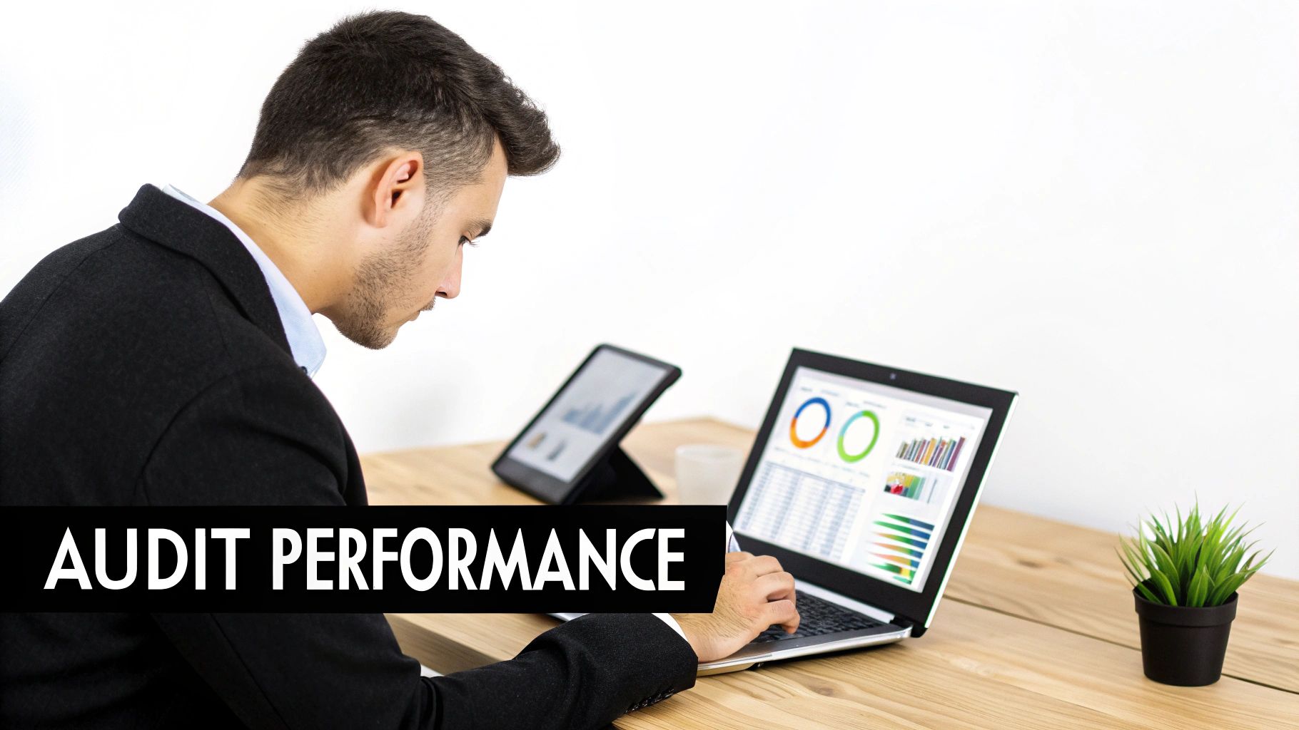 A person analyzing charts and graphs on a computer screen, representing a social media audit.