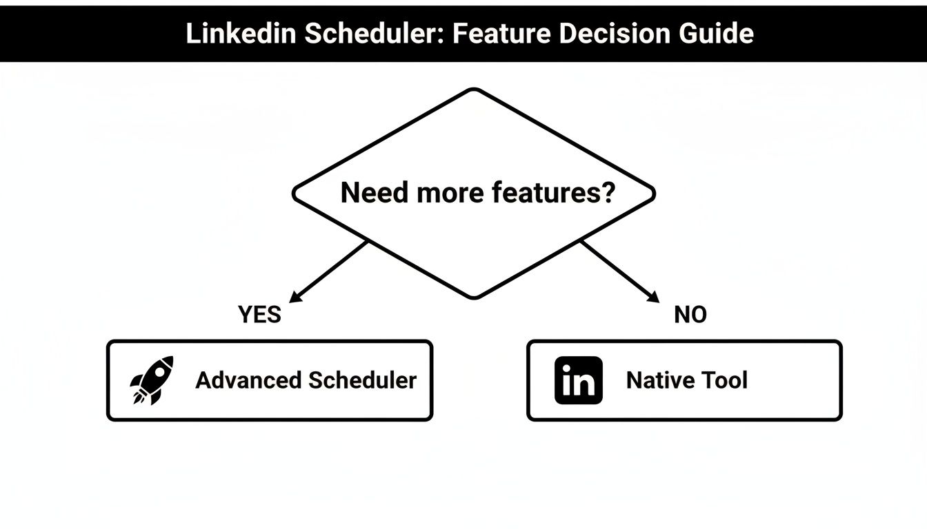 A LinkedIn scheduler decision guide asks if more features are needed, leading to advanced or native tools.