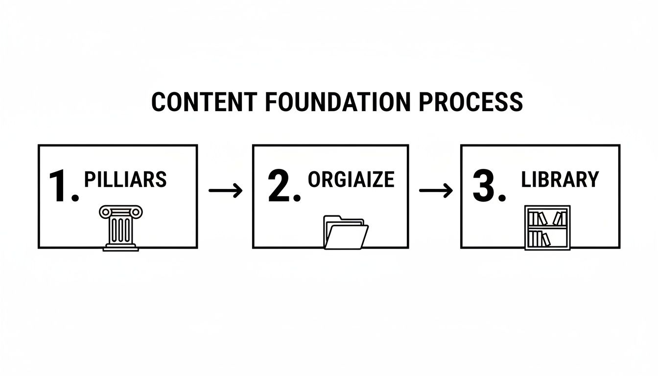 A diagram illustrating a three-step content foundation process: Pillars, Organize, and Library, with icons.