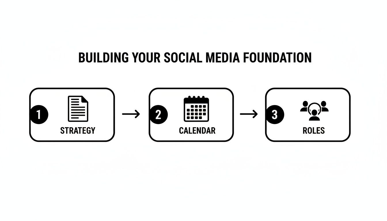 Visual diagram outlining three essential steps for building a social media foundation: Strategy, Calendar, and Roles.