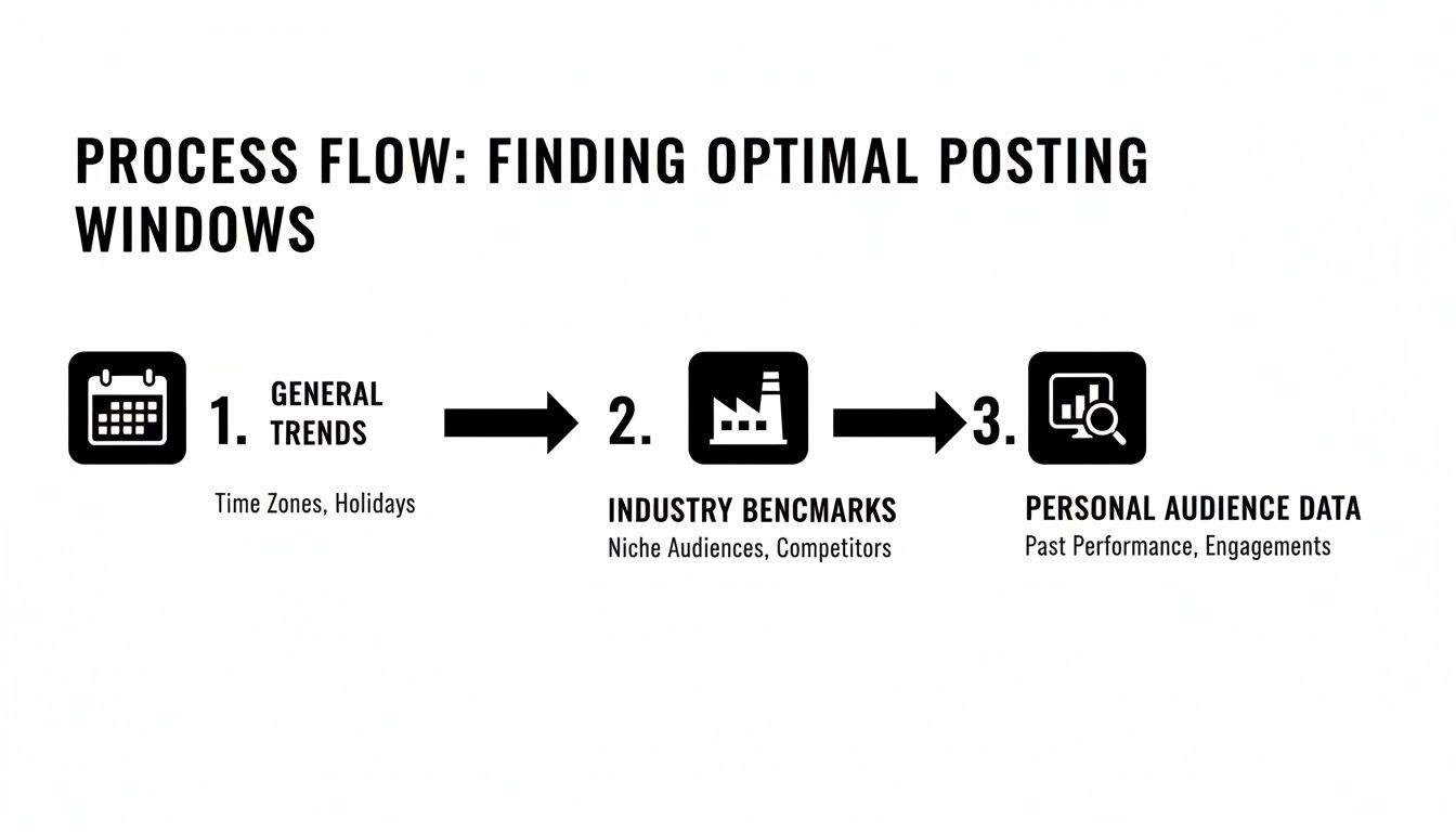 Process flow for finding optimal posting windows, detailing steps: general trends, industry benchmarks, and personal audience data.