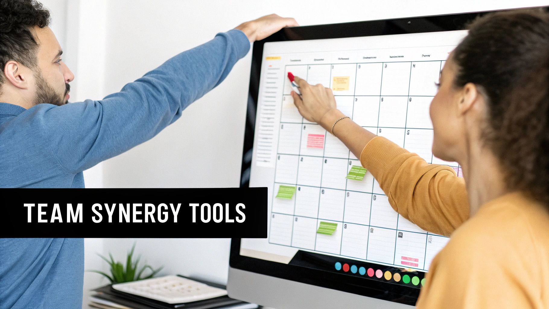 Two colleagues using a digital calendar on a large touchscreen for project planning and teamwork.