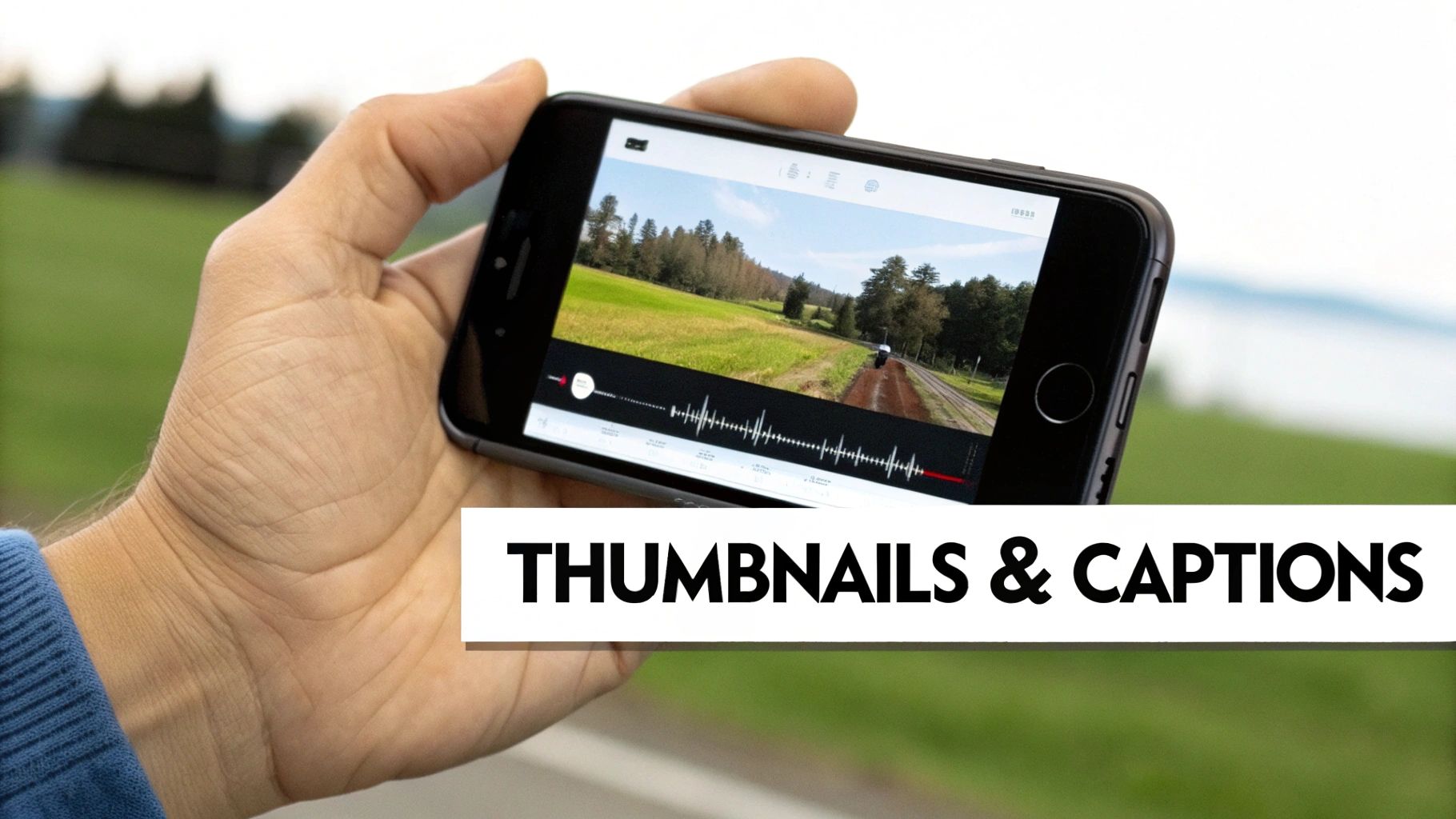 Hand holding smartphone horizontally, displaying a video editing app with audio waveform.