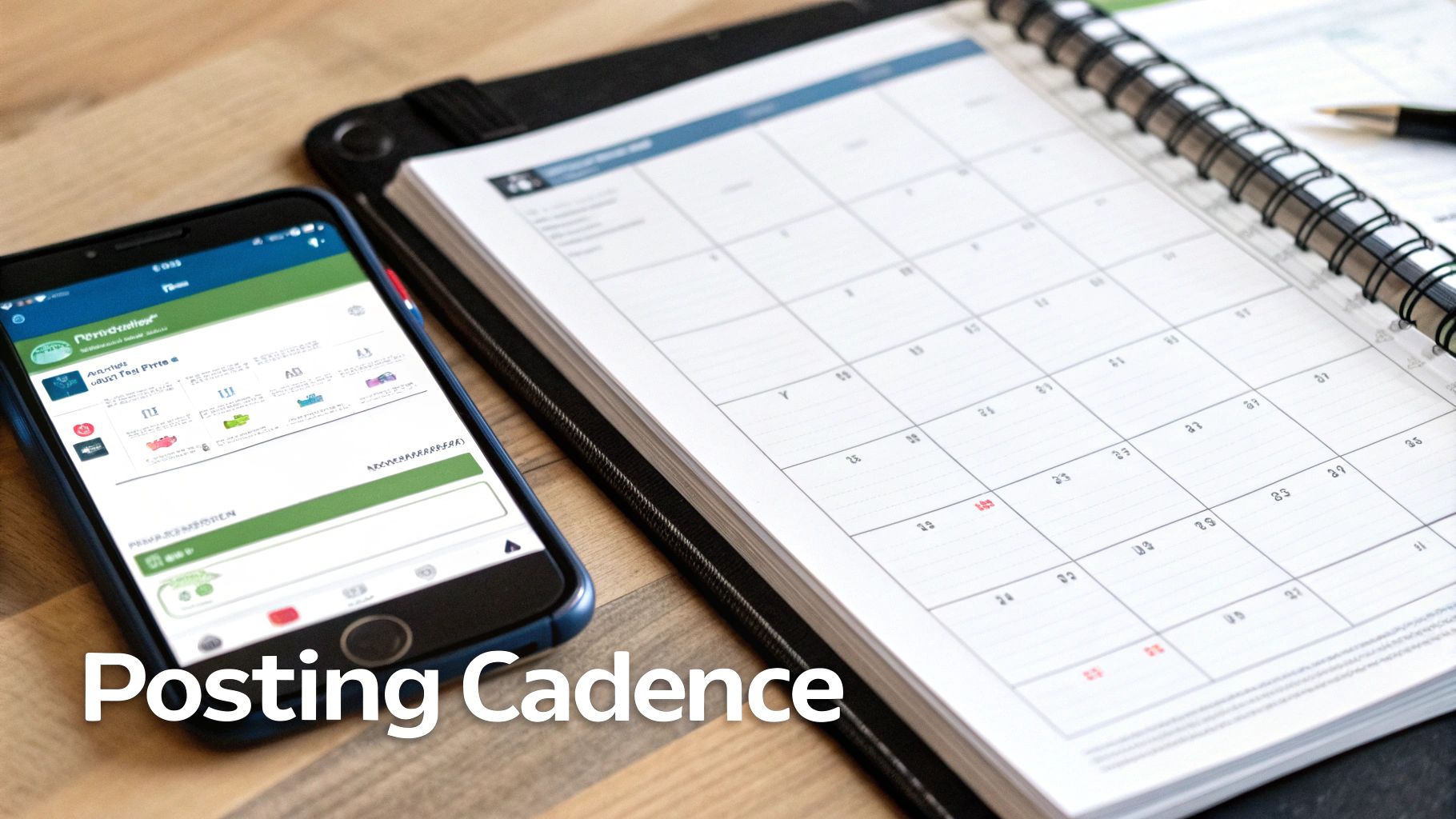 Smartphone displaying a content management app next to an open calendar, highlighting posting cadence and scheduling.