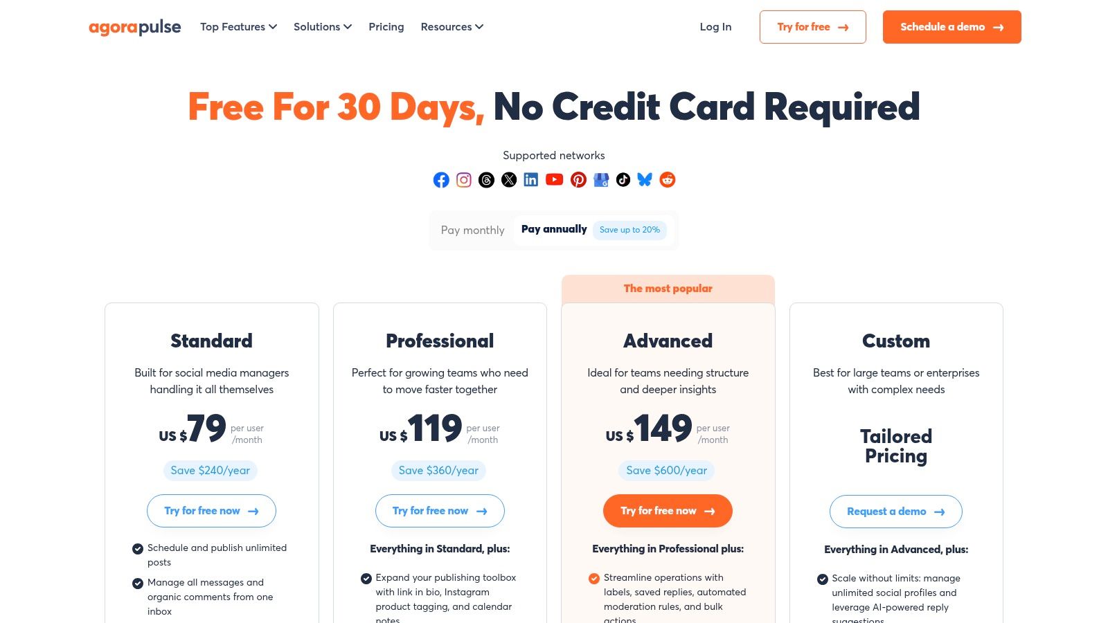 Agorapulse pricing plans page