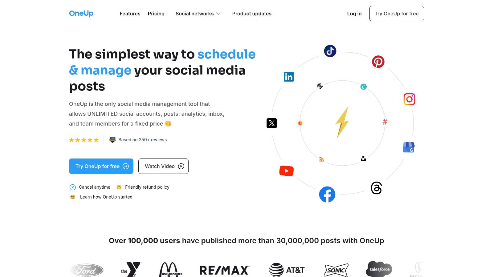 A screenshot of the OneUp platform showing its calendar view for scheduling social media posts.