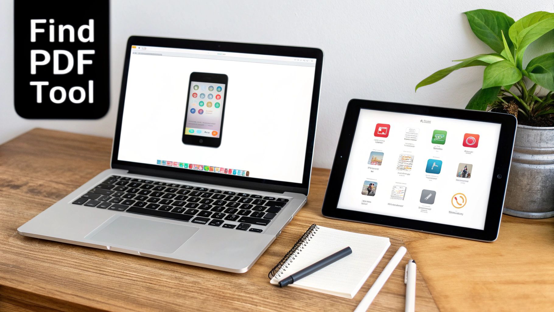 A desk setup with a laptop, tablet displaying apps, notebook, pens, and a 'Find PDF Tool' text.