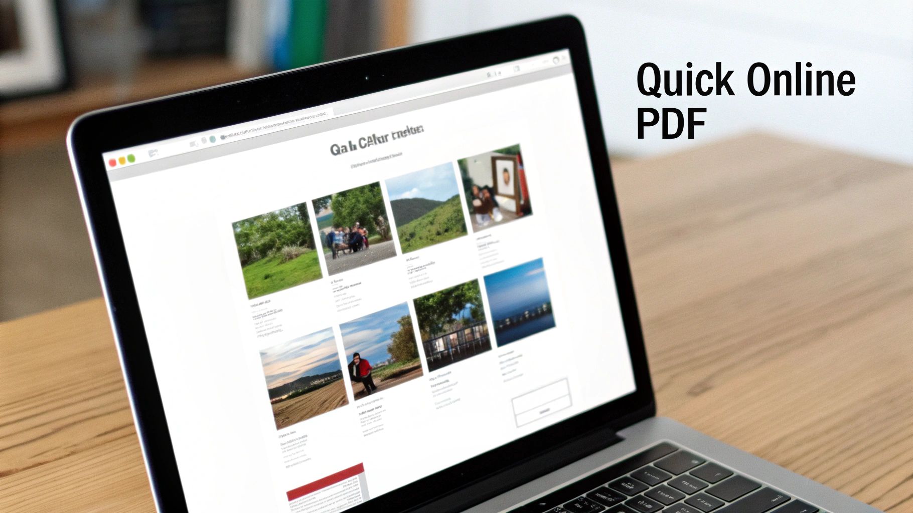 A laptop on a wooden desk displays a website with multiple images, next to “Quick Online PDF” text.
