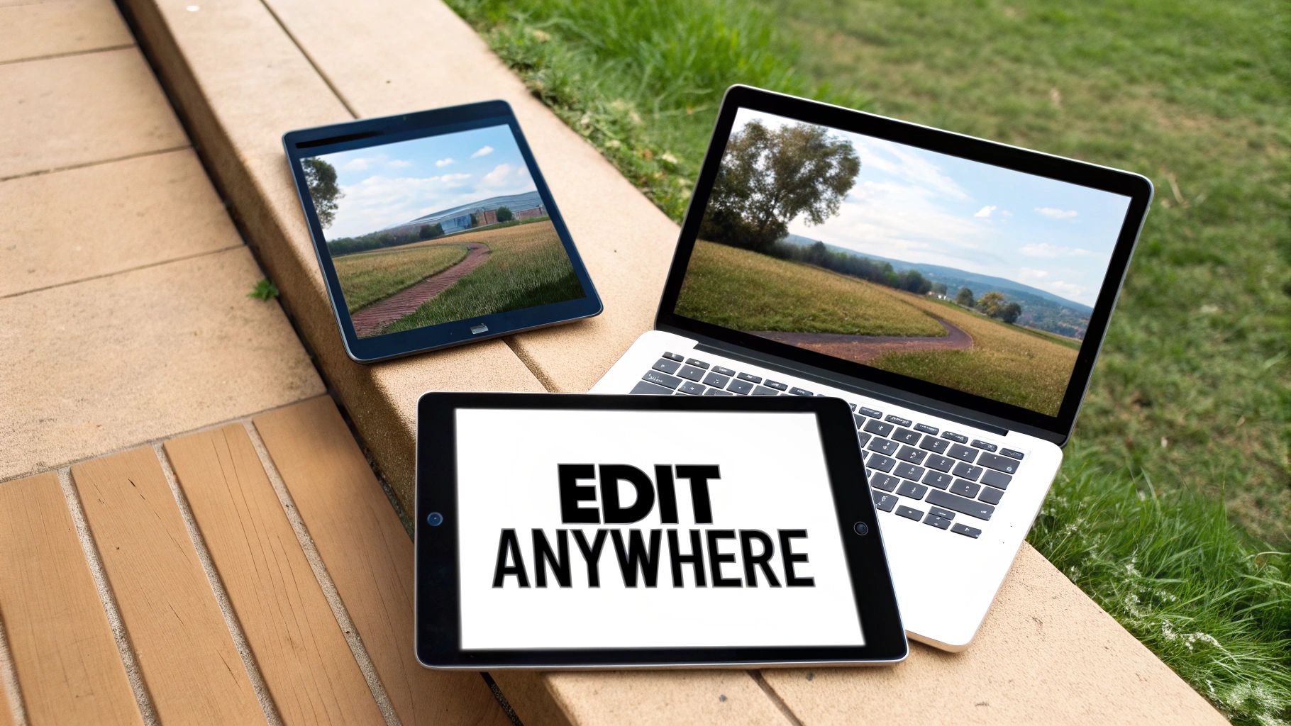 Laptop and two tablets on a stone ledge next to grass, one displaying 'EDIT ANYWHERE'.