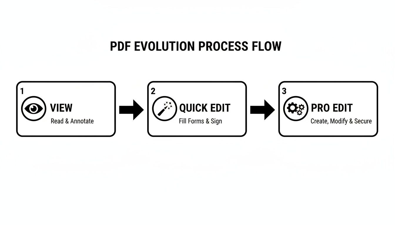 A three-step PDF evolution process flow showing viewing, quick editing, and pro editing capabilities.