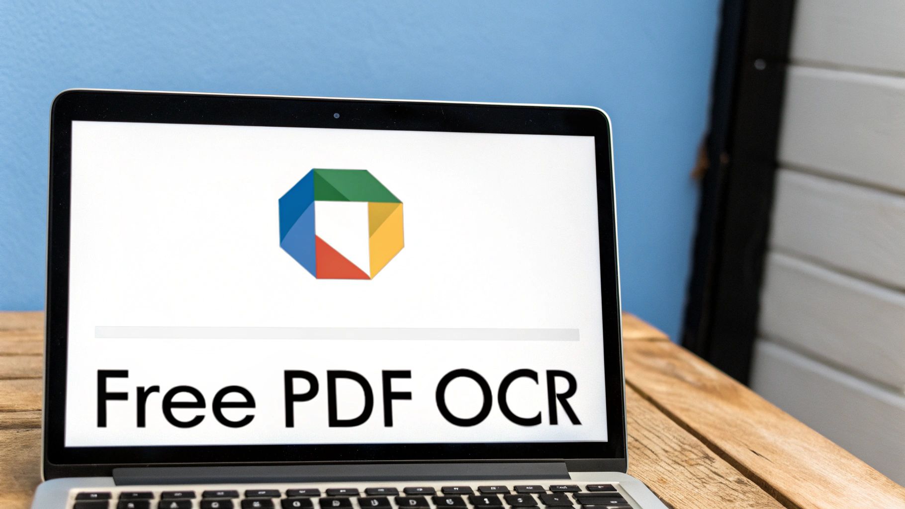 A laptop screen displays a colorful, geometric logo and the text 'Free PDF OCR' on a wooden table.
