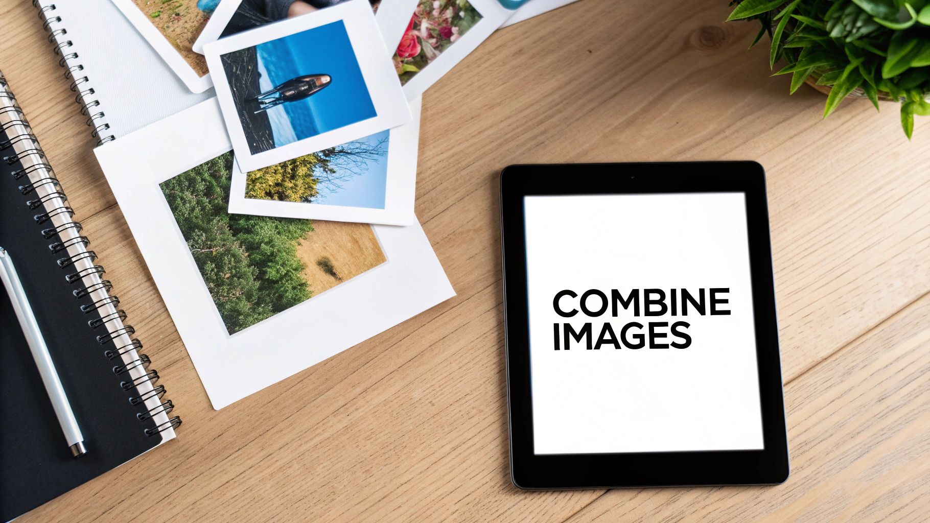 A flat lay of a wooden desk with a tablet displaying 'COMBINE IMAGES' next to printed photos, a notebook, and a pen.