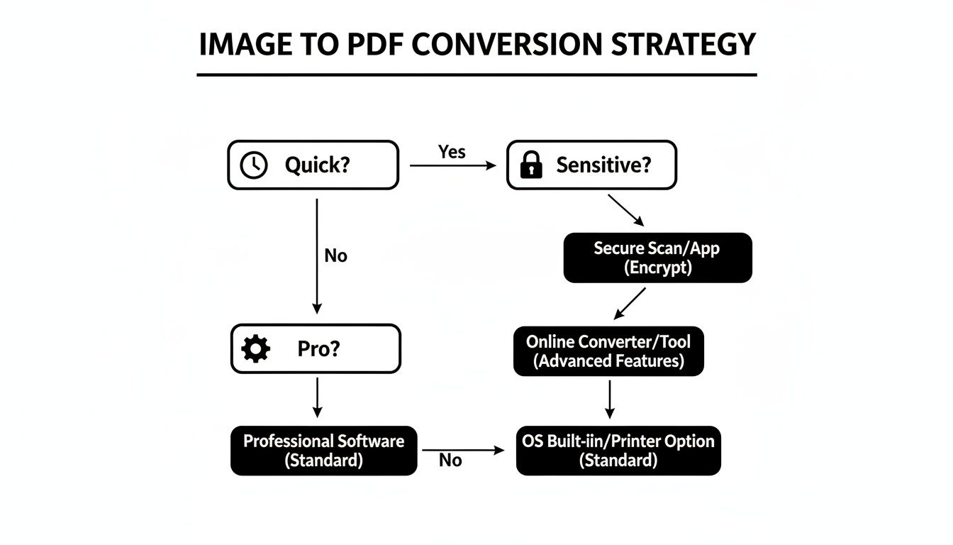 A flowchart detailing strategies for converting images to PDF, considering quickness, sensitivity, and professional needs.