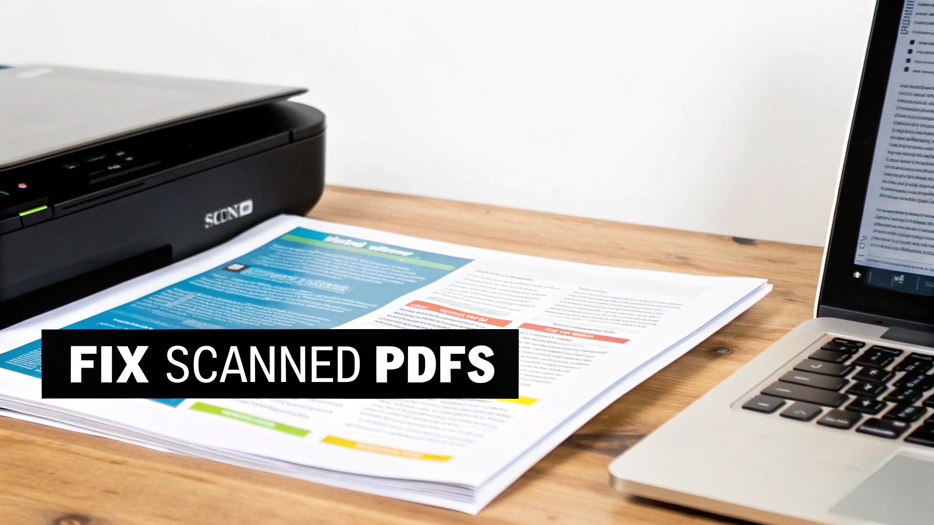 A printer/scanner, stack of documents, and laptop on a wooden desk with a 'FIX SCANNED PDFS' overlay.