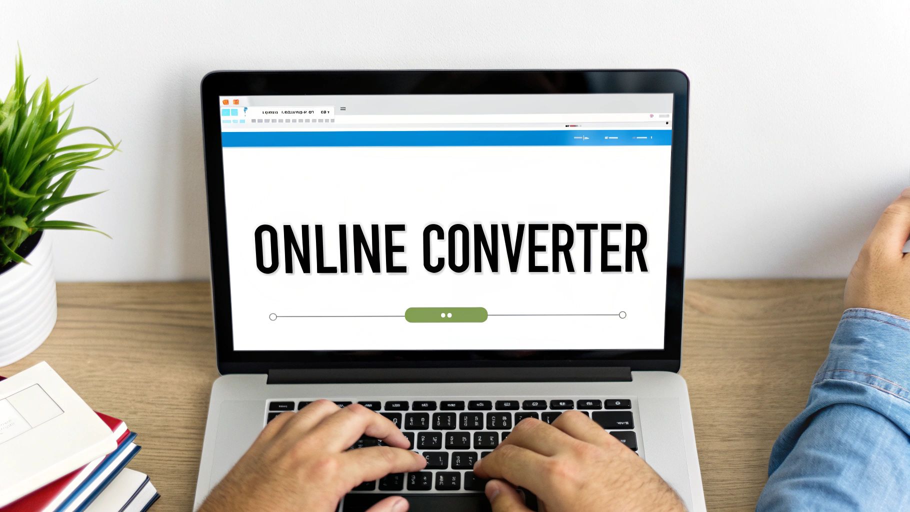 Person typing on a laptop with 'ONLINE CONVERTER' displayed on the screen, showing a digital service.