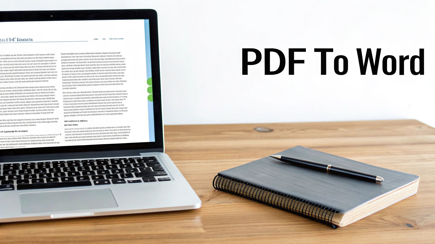 A laptop showing a PDF document, with 'PDF To Word' text on a white wall, and a notebook and pen on a desk.