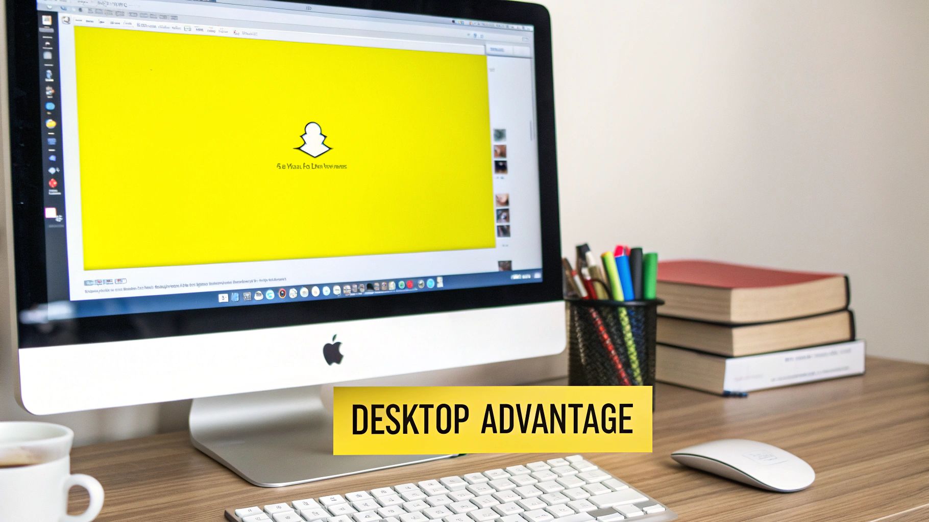 Desktop workspace with an Apple iMac showing Snapchat, white keyboard, mouse, and study books.