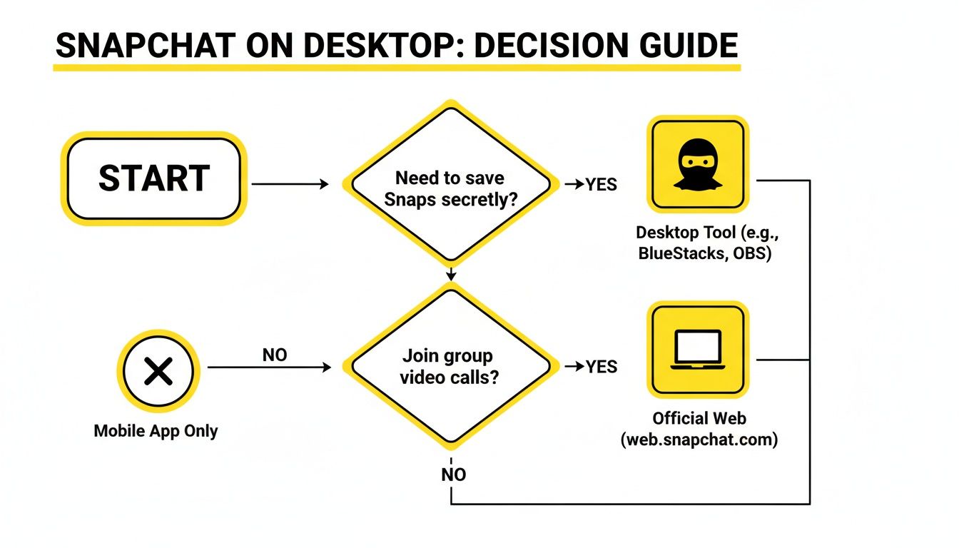 Decision guide flowchart for using Snapchat on desktop, covering secret saves and video calls.