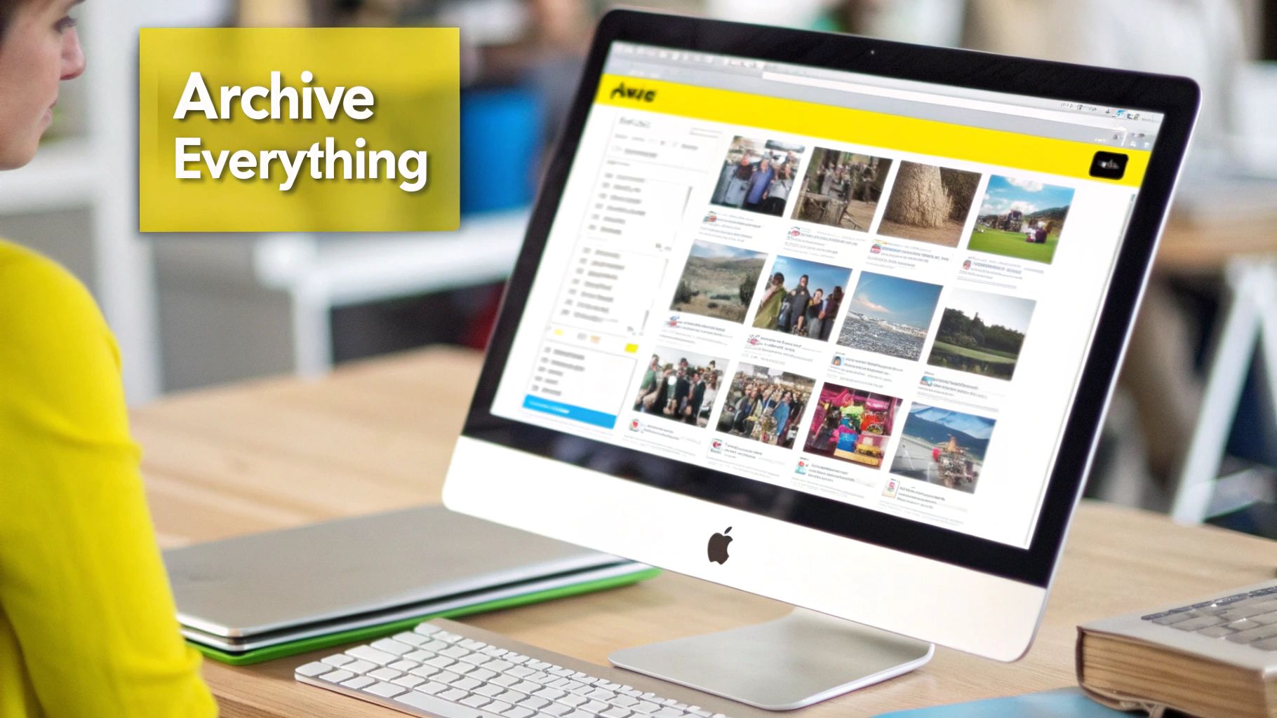 A person views an iMac computer screen displaying a digital archive of social media content.