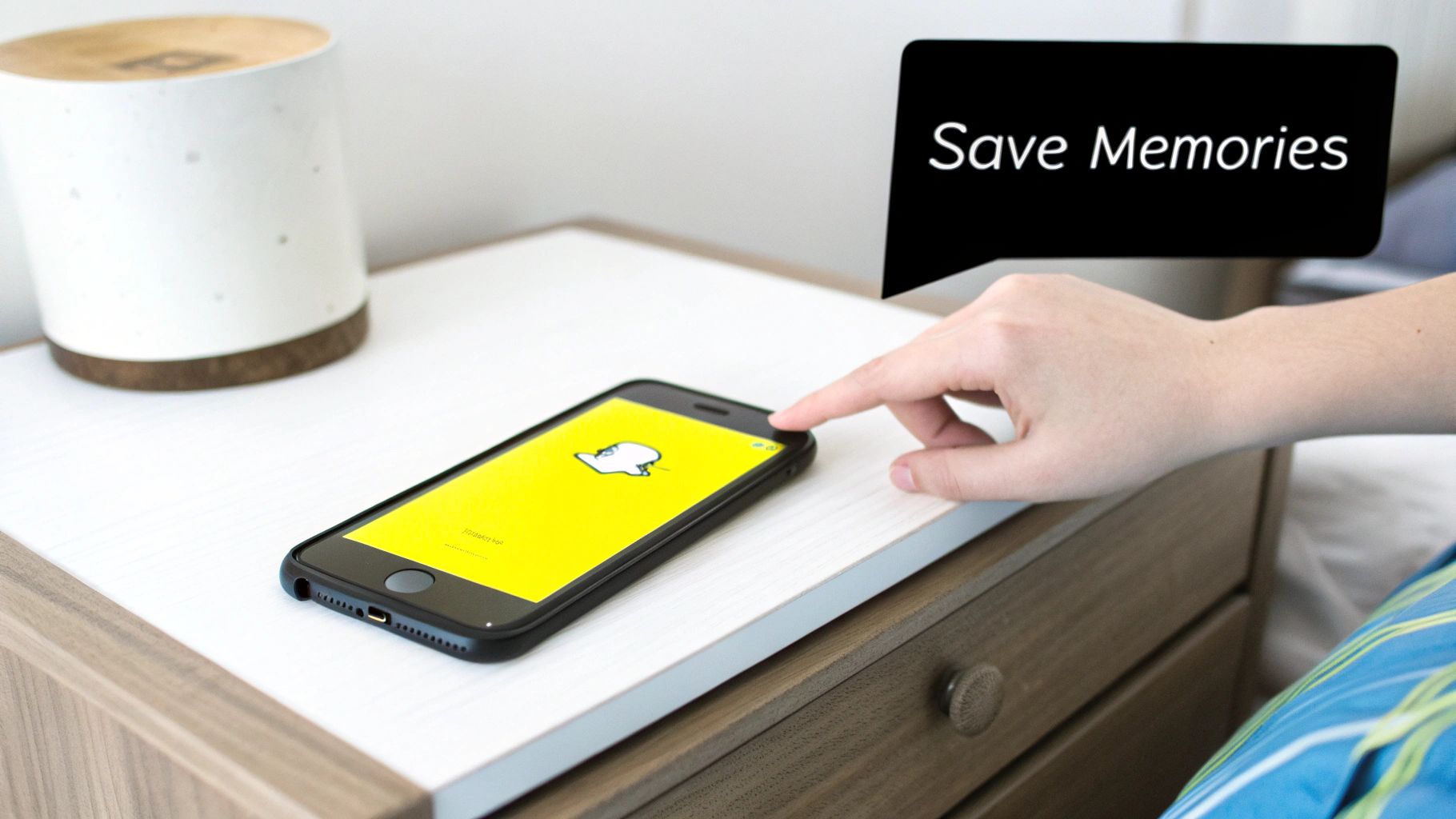 A hand interacts with a smartphone showing the Snapchat app on a nightstand, with a 'Save Memories' bubble.
