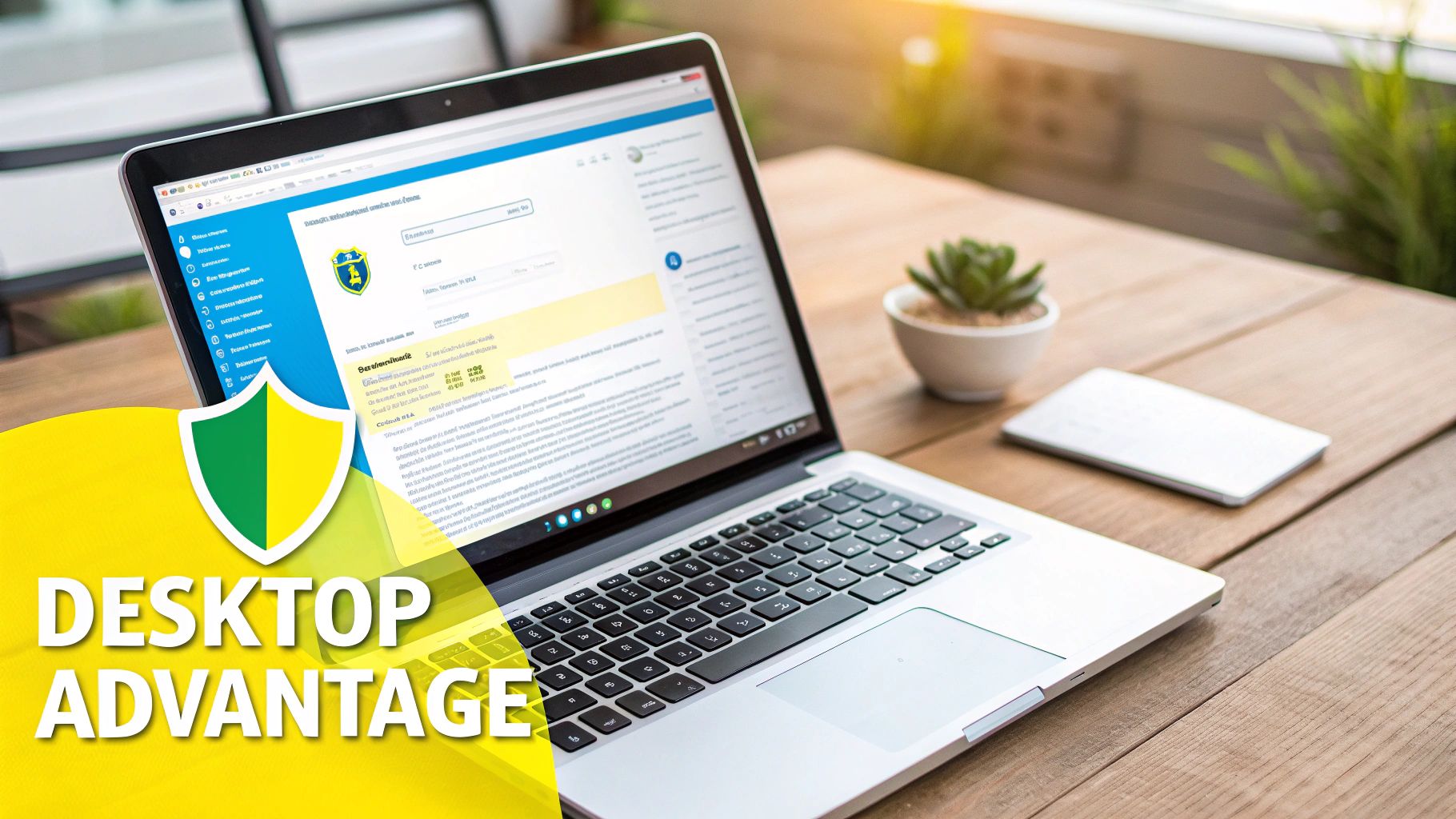 A laptop with a web application open, featuring a shield logo and 'DESKTOP ADVANTAGE' text.
