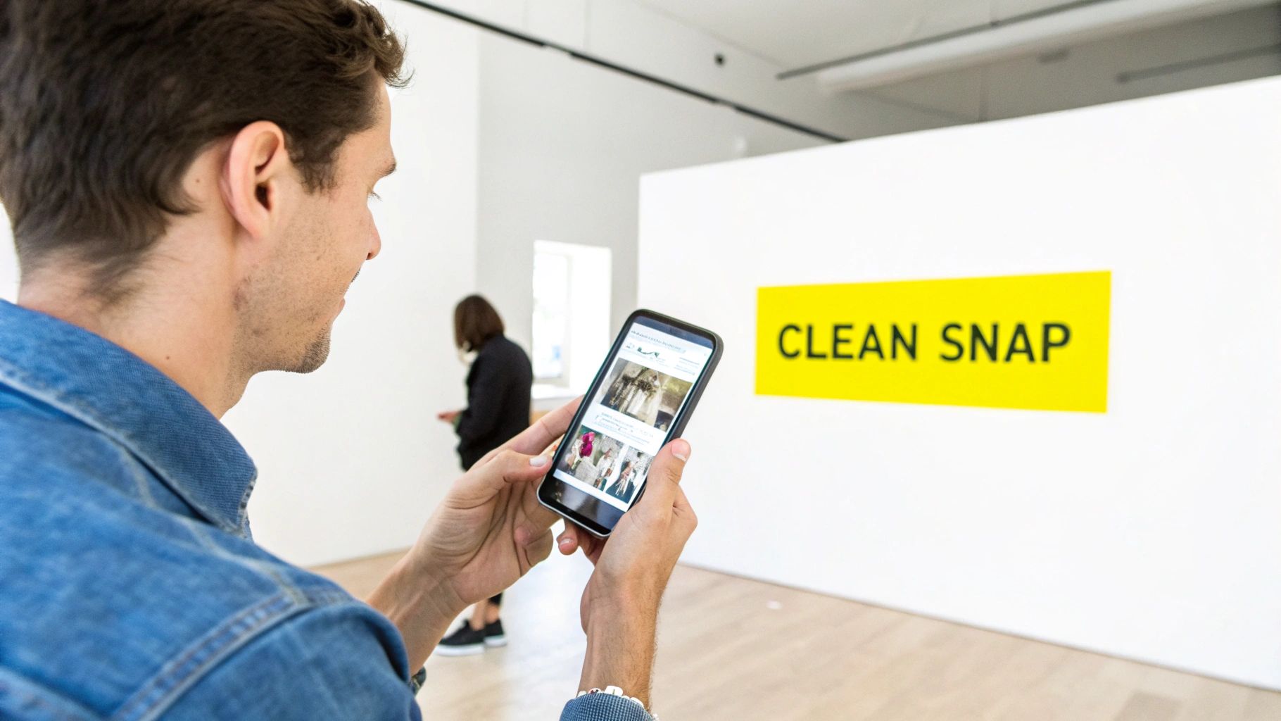 A person looking at a phone with a saved Snapchat photo displayed on the screen.