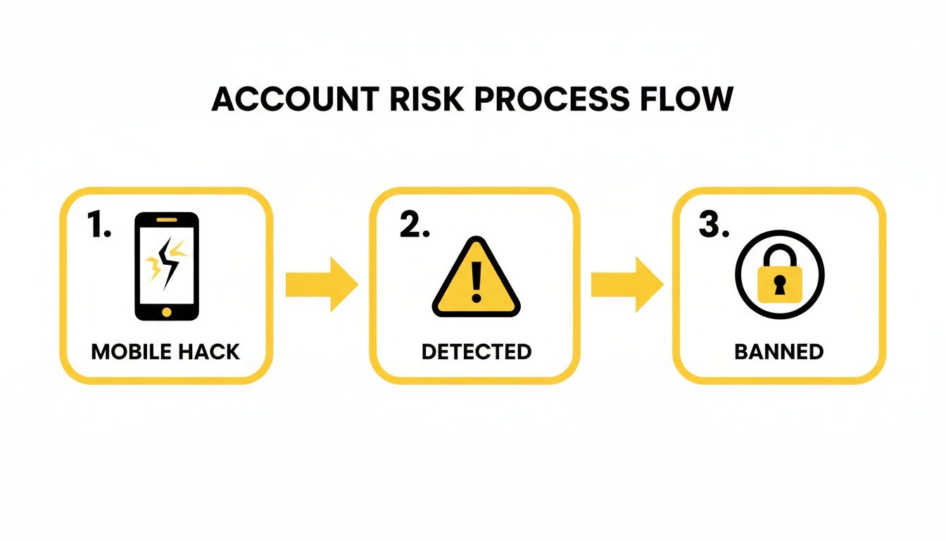 An illustrative flow chart detailing the account risk process from mobile hack to detection and banning.