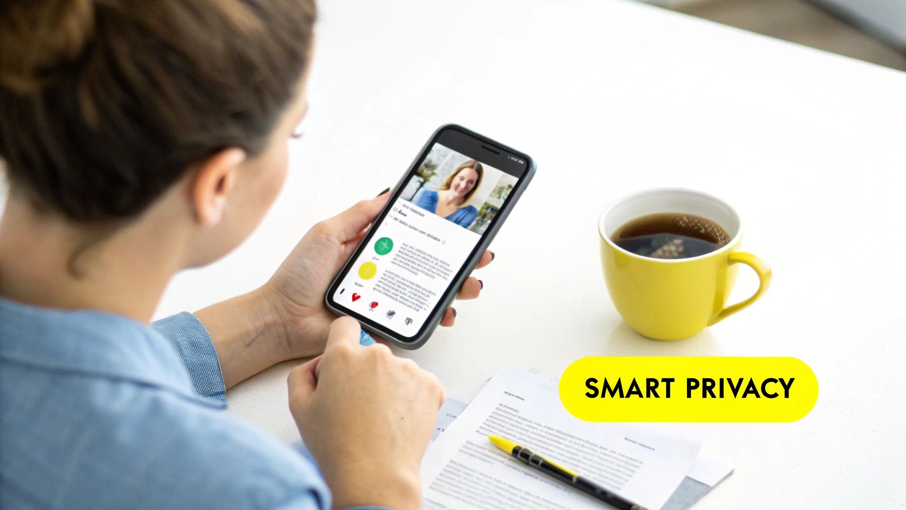 Person using a smartphone app to view a profile, with a coffee cup and 'Smart Privacy' text.